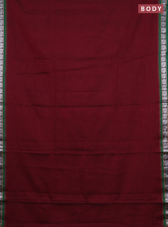 Narayanpet cotton saree maroon and green with plain body and silver zari woven border