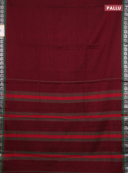 Narayanpet cotton saree maroon and green with plain body and silver zari woven border