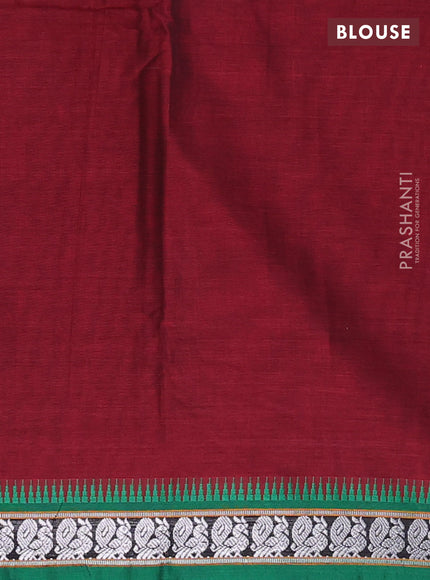 Narayanpet cotton saree maroon and green with plain body and silver zari woven border