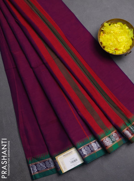 Narayanpet cotton saree purple and green with plain body and silver zari woven border