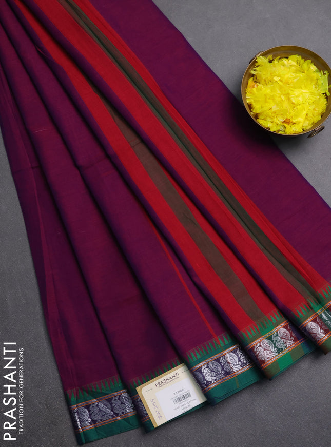 Narayanpet cotton saree purple and green with plain body and silver zari woven border