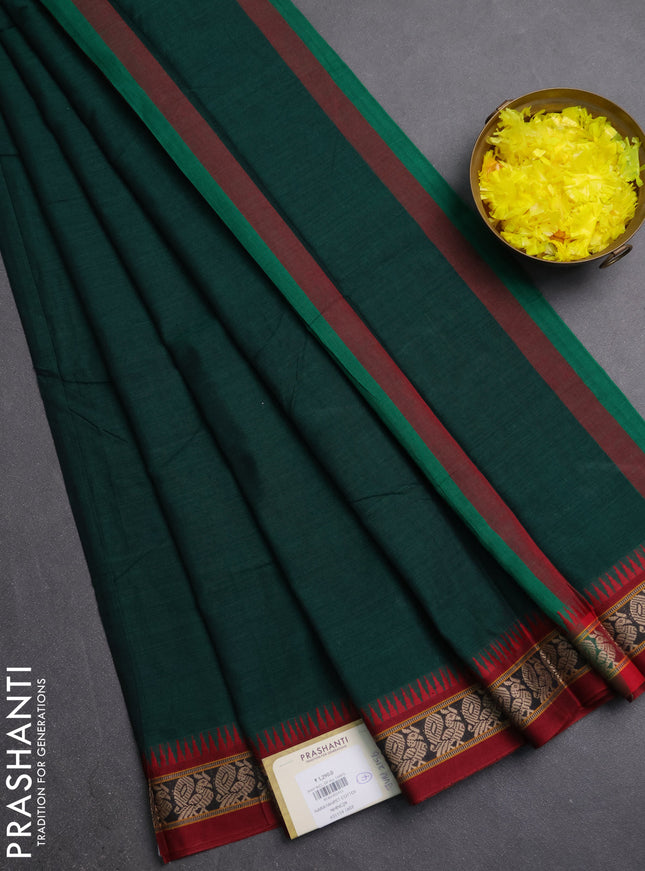 Narayanpet cotton saree bottle green and maroon with plain body and thread woven border