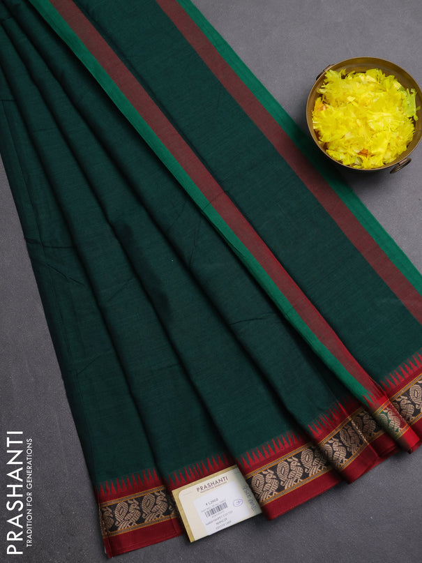 Narayanpet cotton saree bottle green and maroon with plain body and thread woven border