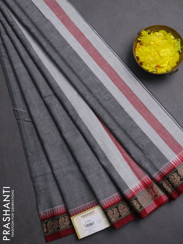 Narayanpet cotton saree grey and maroon with plain body and thread woven border