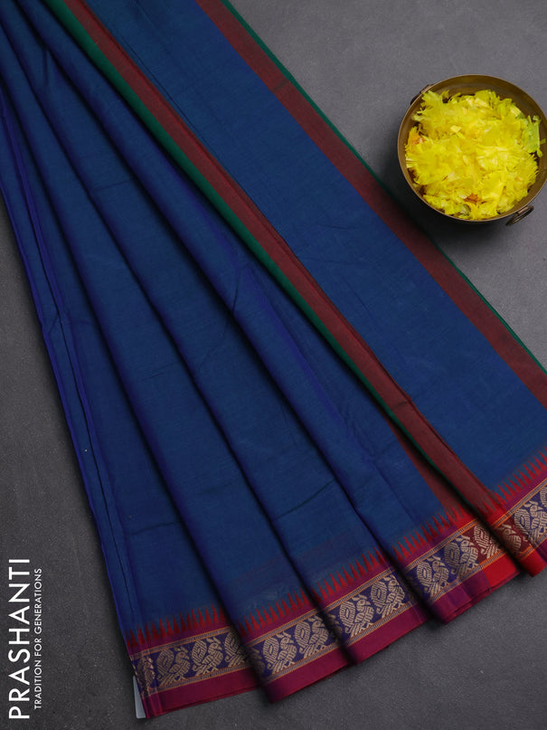 Narayanpet cotton saree greenish blue and magenta pink with plain body and thread woven border