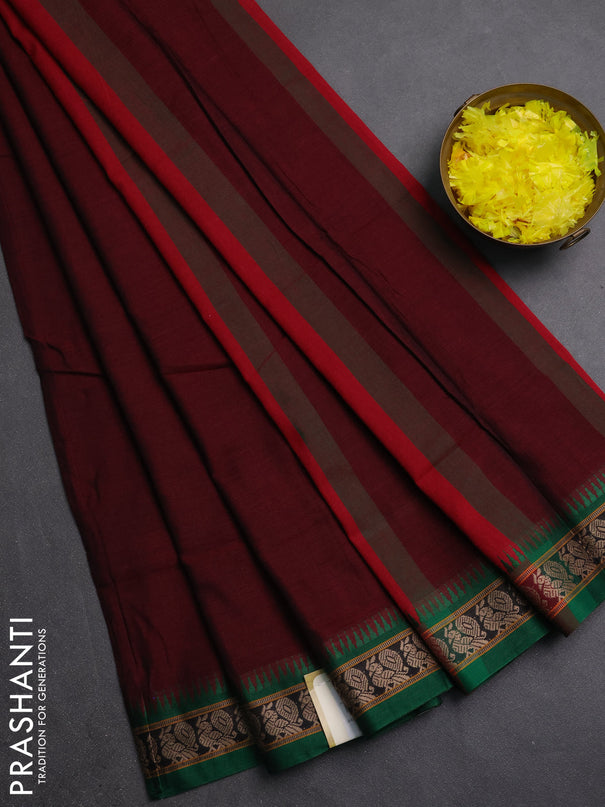 Narayanpet cotton saree maroon and green with plain body and thread woven border