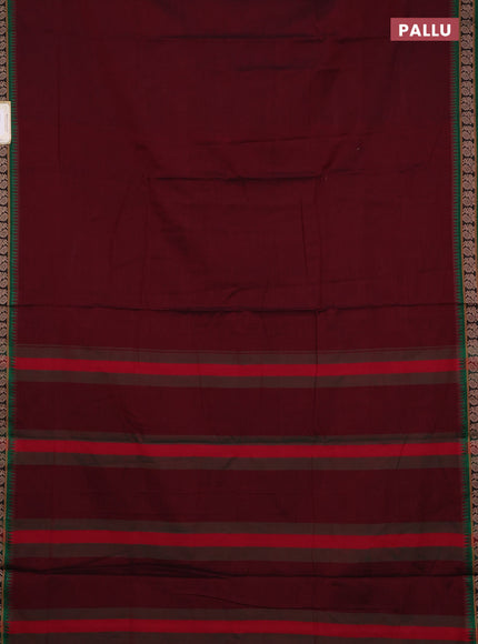 Narayanpet cotton saree maroon and green with plain body and thread woven border