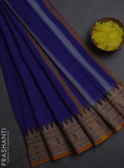Narayanpet cotton saree blue and mustard yellow with plain body and thread woven border