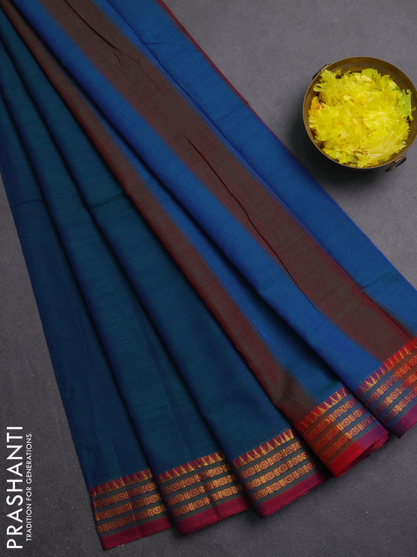 Narayanpet cotton saree greenish blue and magenta pink with plain body and zari woven border