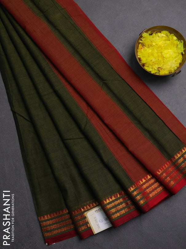 Narayanpet cotton saree sap green and maroon with plain body and zari woven border