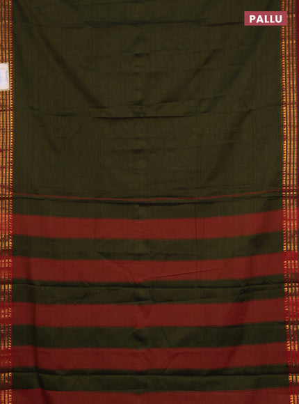 Narayanpet cotton saree sap green and maroon with plain body and zari woven border