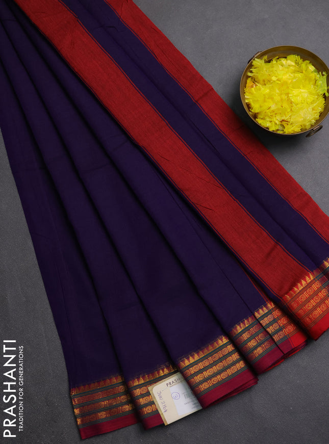 Narayanpet cotton saree violet and magenta pink with plain body and zari woven border