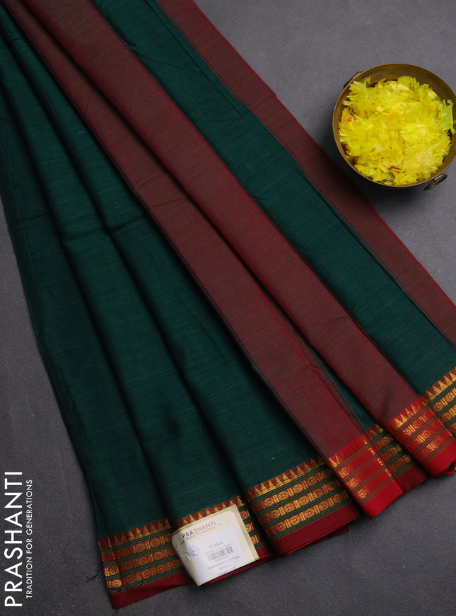 Narayanpet cotton saree green and maroon with plain body and zari woven border