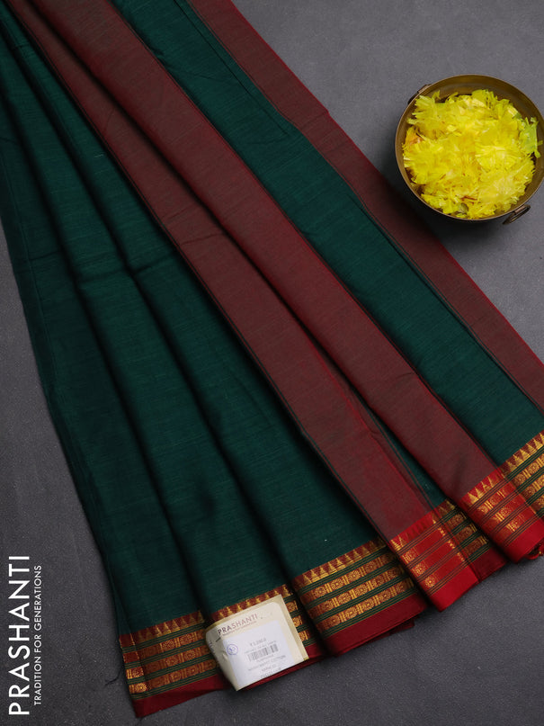 Narayanpet cotton saree green and maroon with plain body and zari woven border