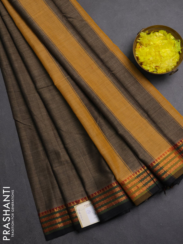 Narayanpet cotton saree chikku shade and black with plain body and zari woven border