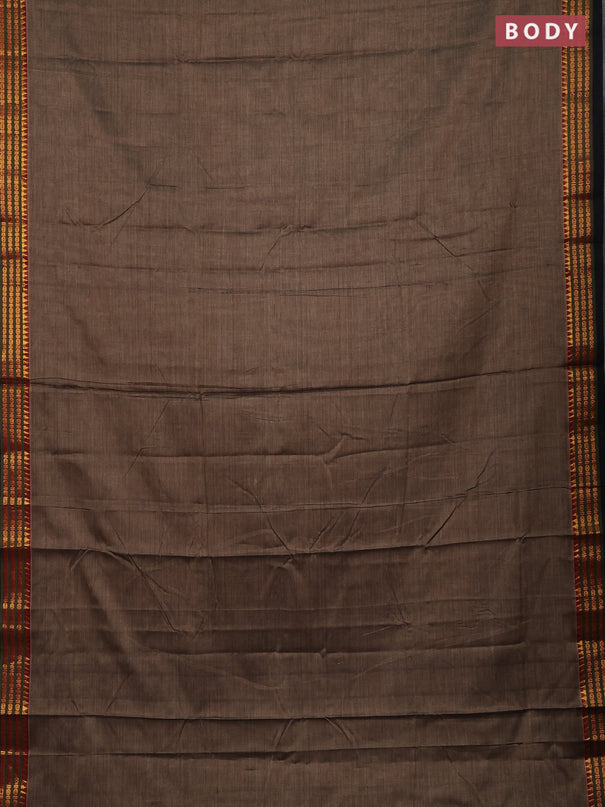 Narayanpet cotton saree chikku shade and black with plain body and zari woven border