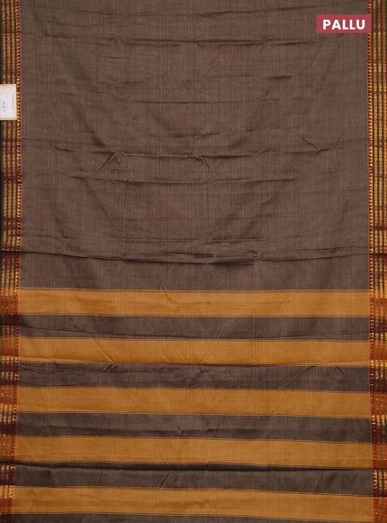 Narayanpet cotton saree chikku shade and black with plain body and zari woven border