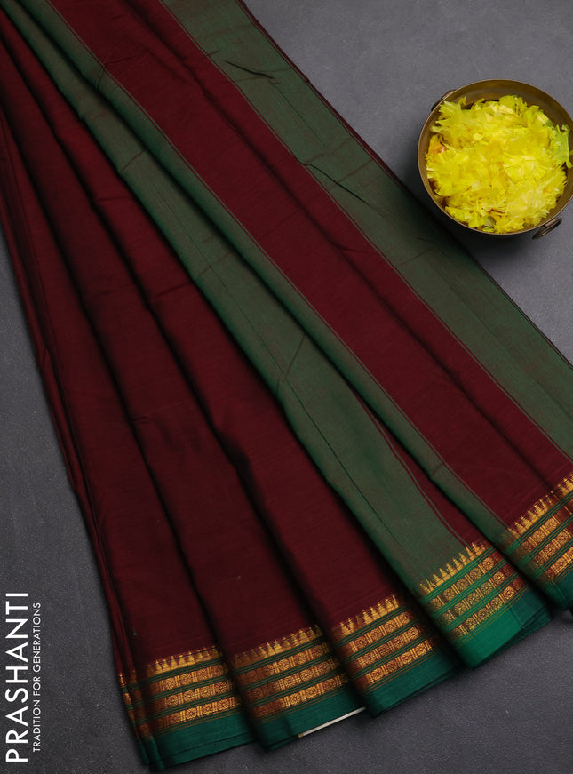 Narayanpet cotton saree maroon and green with plain body and zari woven border