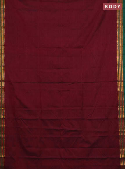Narayanpet cotton saree maroon and green with plain body and zari woven border