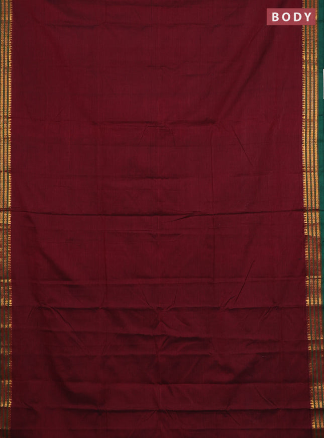 Narayanpet cotton saree maroon and green with plain body and zari woven border