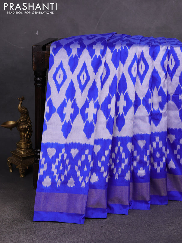 Pochampally silk saree off white and blue with allover ikat weaves and ikat zari woven border