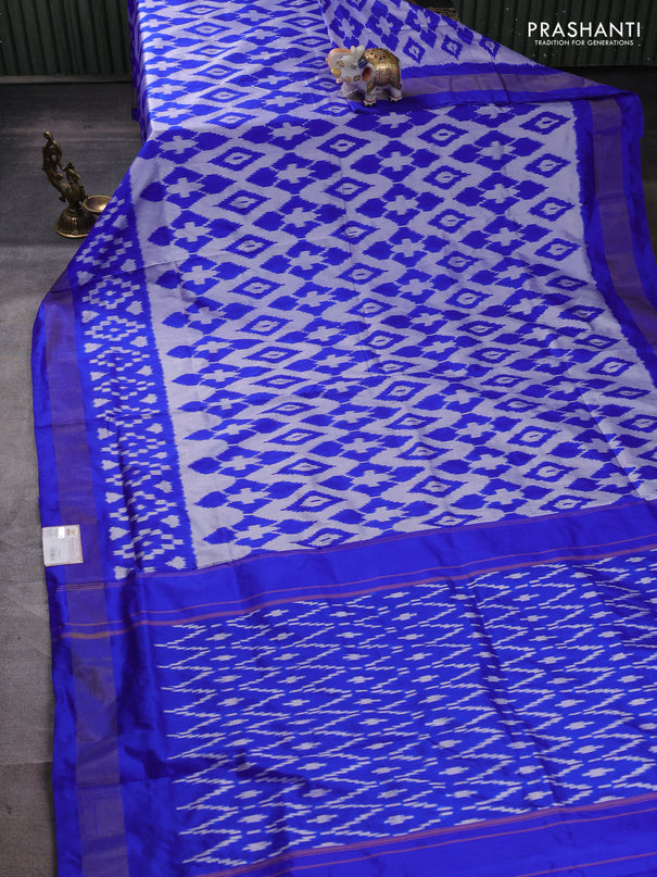 Pochampally silk saree off white and blue with allover ikat weaves and ikat zari woven border