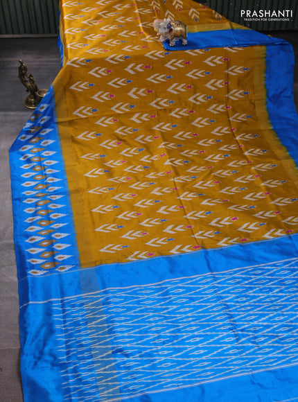 Pochampally silk saree dark mustrard and cs blue with allover ikat woven buttas and ikat zari woven border