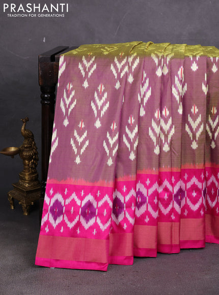 Pochampally silk saree dual shade of greenish and pink with allover ikat weaves and ikat zari woven border
