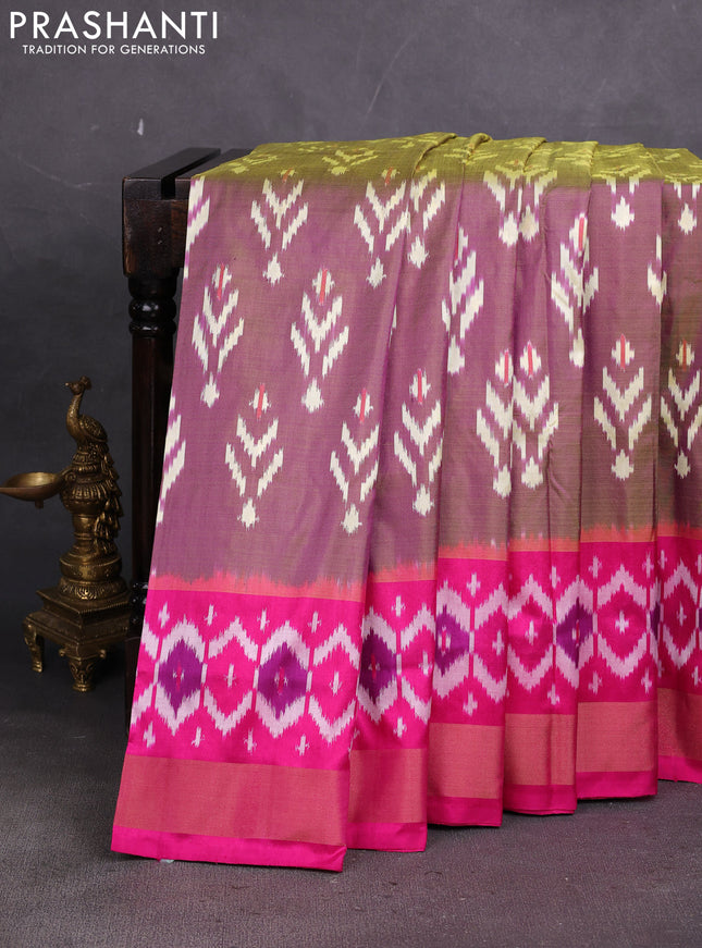 Pochampally silk saree dual shade of greenish and pink with allover ikat weaves and ikat zari woven border