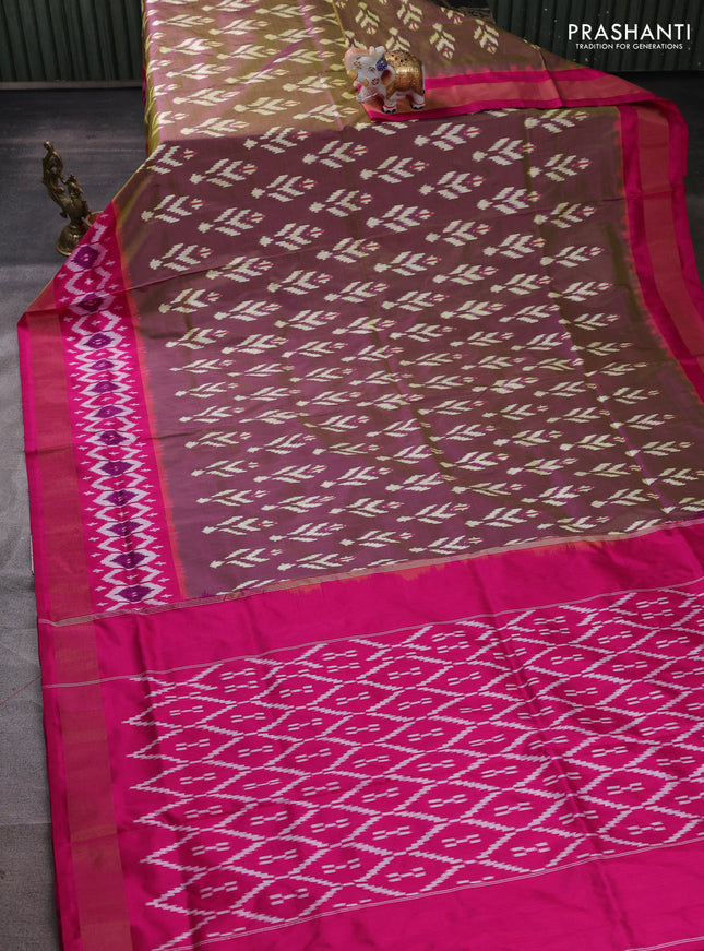 Pochampally silk saree dual shade of greenish and pink with allover ikat weaves and ikat zari woven border