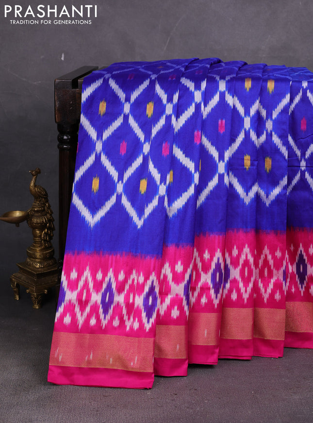 Pochampally silk saree blue and pink with allover ikat weaves and ikat zari woven border