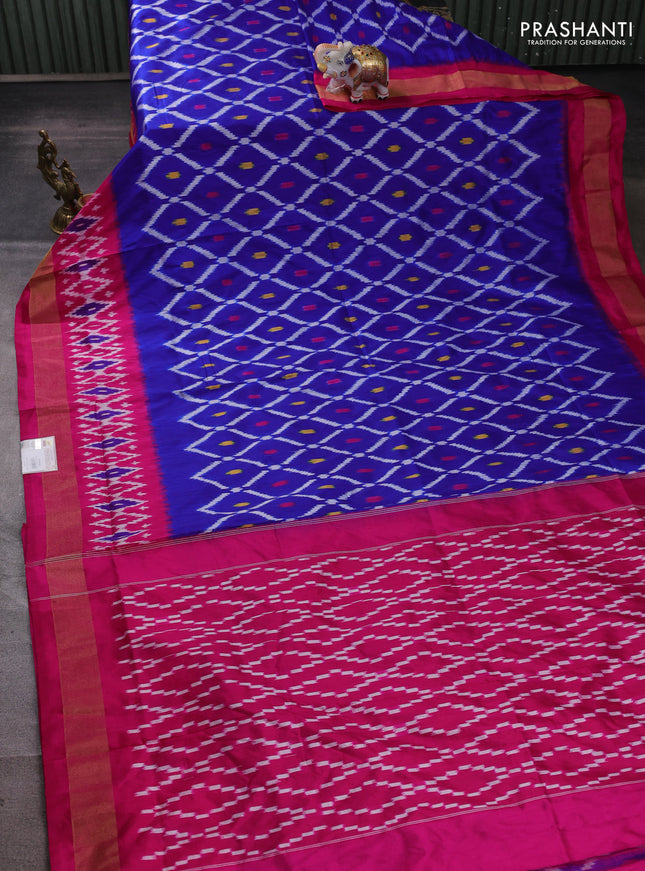 Pochampally silk saree blue and pink with allover ikat weaves and ikat zari woven border