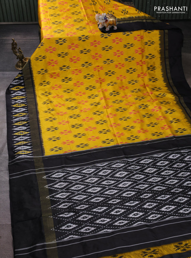 Pochampally silk saree yellow and black with allover ikat weaves and ikat zari woven border