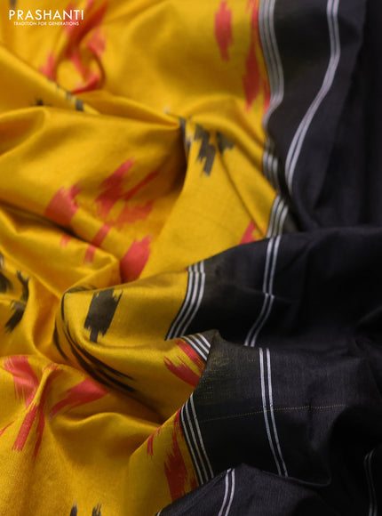 Pochampally silk saree yellow and black with allover ikat weaves and ikat zari woven border