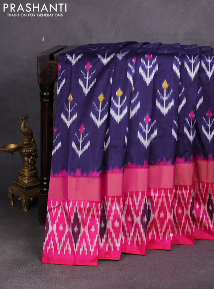 Pochampally silk saree navy blue and pink with allover ikat weaves and long ikat zari woven border