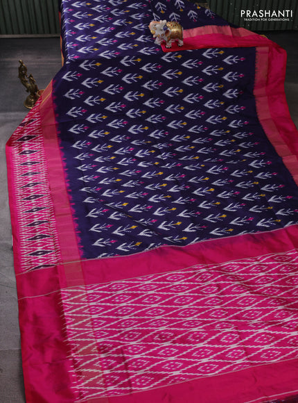 Pochampally silk saree navy blue and pink with allover ikat weaves and long ikat zari woven border