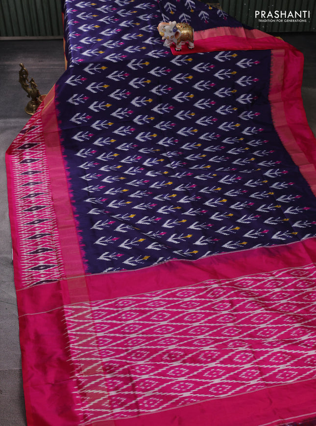Pochampally silk saree navy blue and pink with allover ikat weaves and long ikat zari woven border