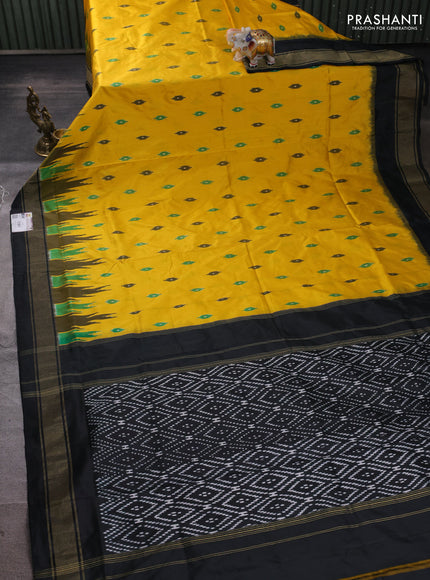 Pochampally silk saree yellow and black with allover ikat woven buttas and long ikat zari woven border