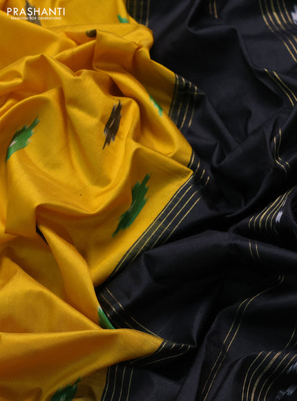 Pochampally silk saree yellow and black with allover ikat woven buttas and long ikat zari woven border