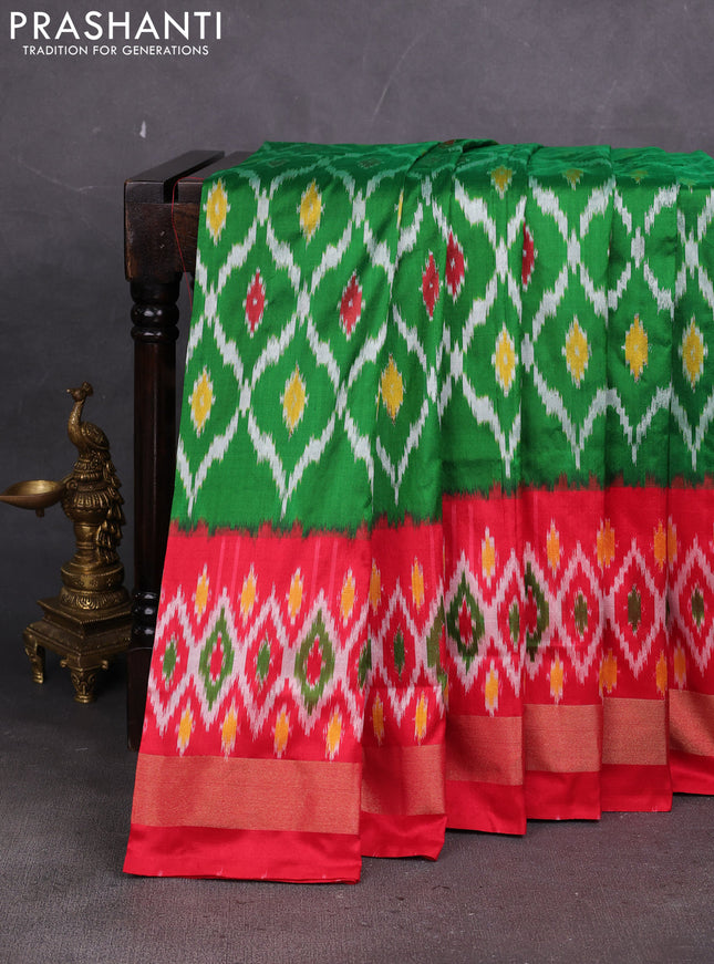 Pochampally silk saree green and red with allover ikat weaves and long ikat zari woven border