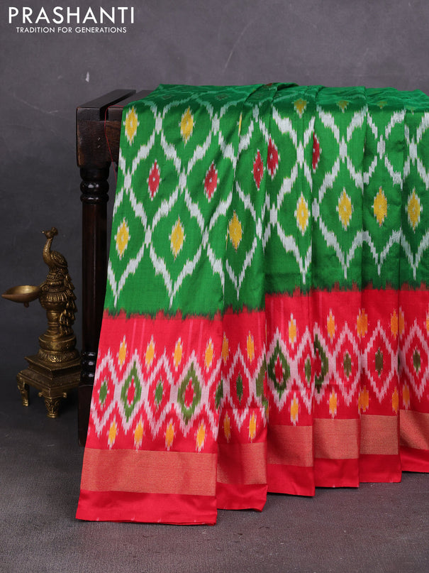 Pochampally silk saree green and red with allover ikat weaves and long ikat zari woven border