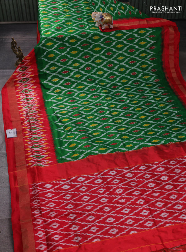 Pochampally silk saree green and red with allover ikat weaves and long ikat zari woven border