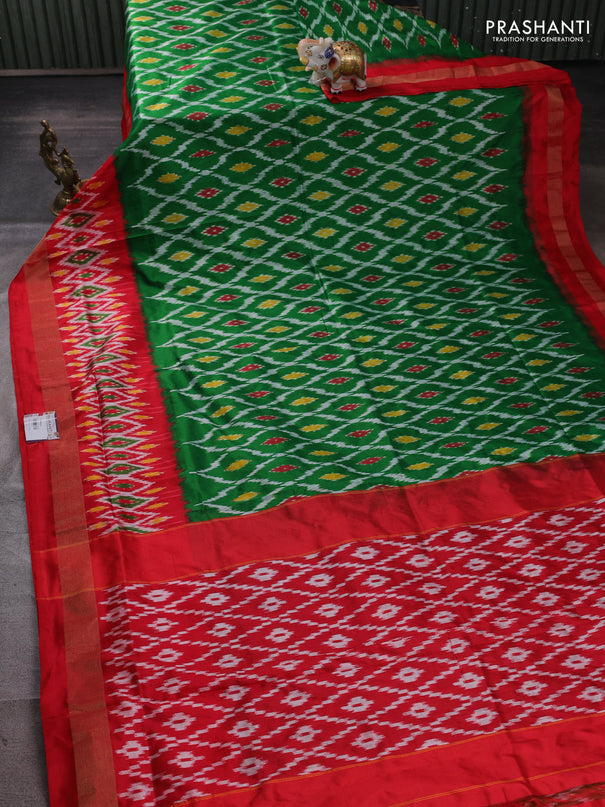 Pochampally silk saree green and red with allover ikat weaves and long ikat zari woven border