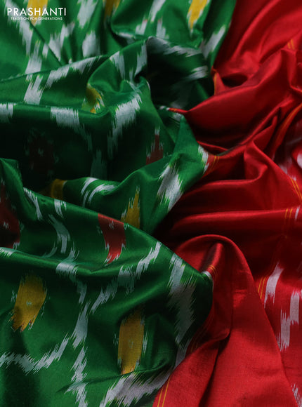 Pochampally silk saree green and red with allover ikat weaves and long ikat zari woven border
