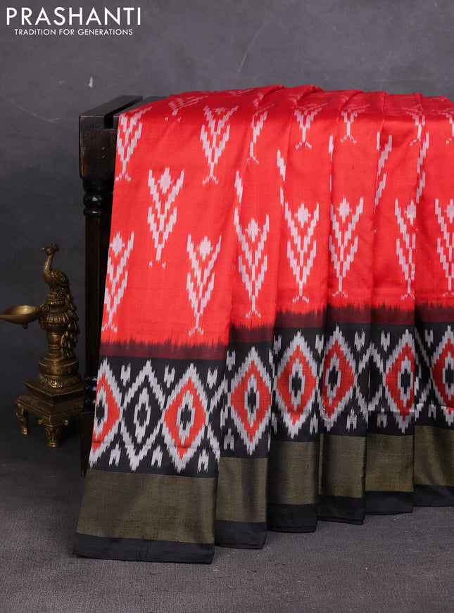 Pochampally silk saree red and black with allover ikat weaves and long ikat zari woven border