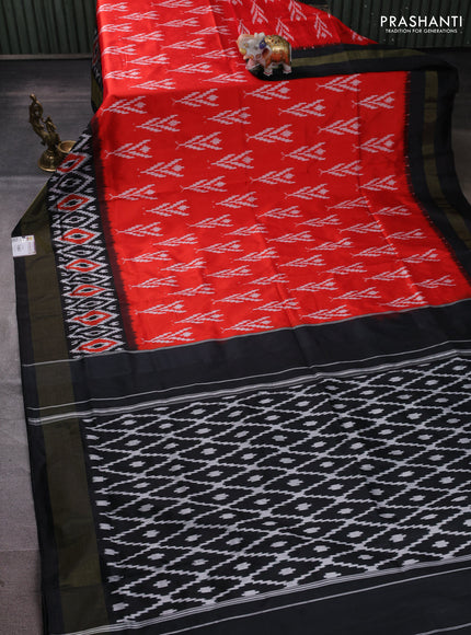 Pochampally silk saree red and black with allover ikat weaves and long ikat zari woven border