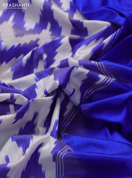 Pochampally silk saree off white and blue with allover ikat weaves and long ikat zari woven border