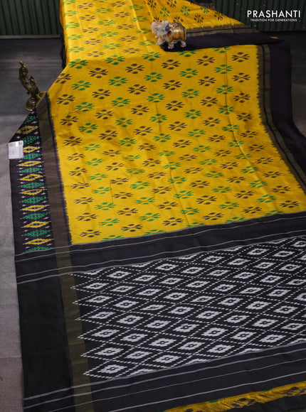 Pochampally silk saree yellow and black with allover ikat woven buttas and ikat zari woven border