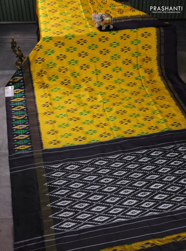 Pochampally silk saree yellow and black with allover ikat woven buttas and ikat zari woven border