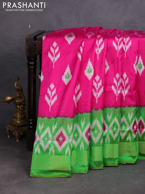 Pochampally silk saree pink and light green with allover ikat weaves and ikat zari woven border